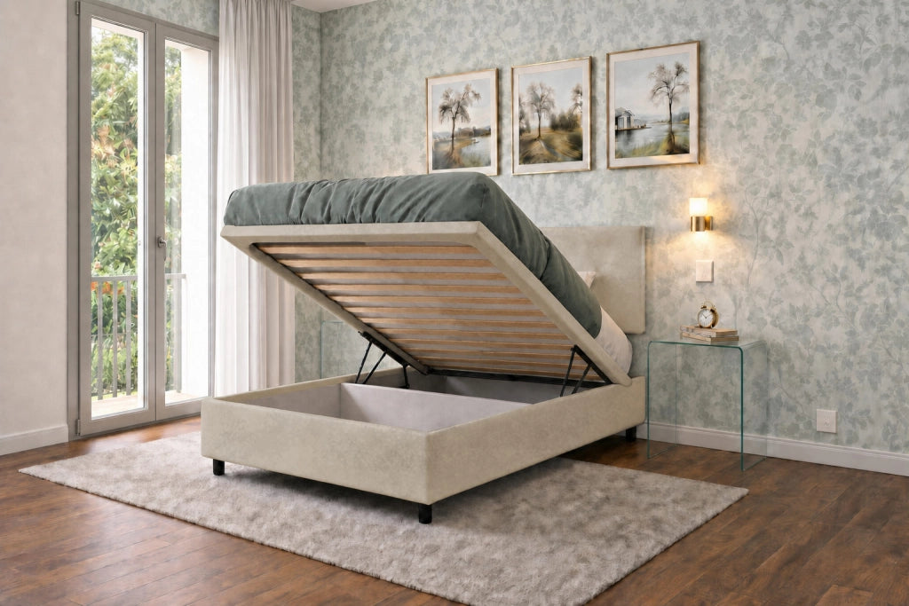 Letto Singolo Contenitore Imbottito 80x200 cm Microfibra Sabbia BoxMax Testata Flat