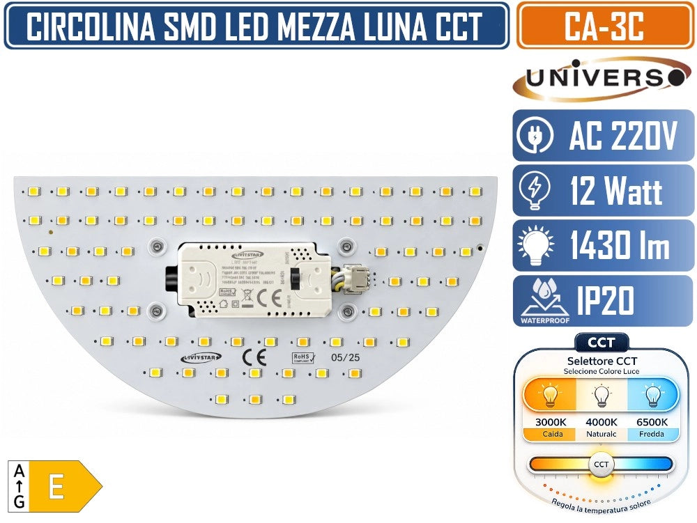 UNIVERSO CA-3C CIRCOLINA MAGNETICA LED SMD A MEZZALUNA 12W 1430 LUMEN CON SELETTORE CCT 3000K  4000K  6500K