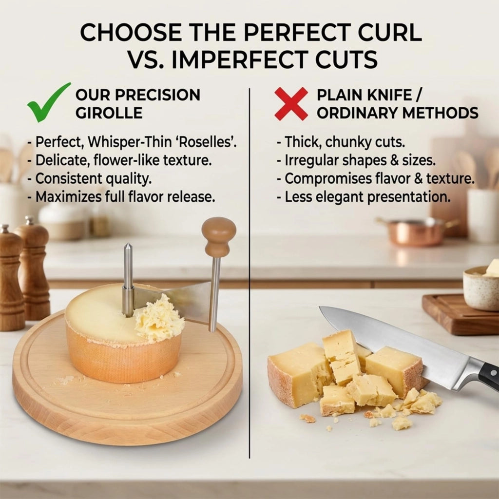 Affettatrice per formaggio con manovella, base in legno, specifica per il formaggio Tête de Moine