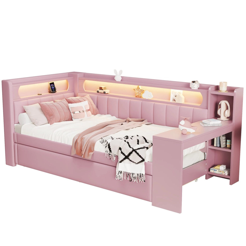 Letto singolo 90x200 cm con letto estraibile; scrivania; LED e USB; rosa