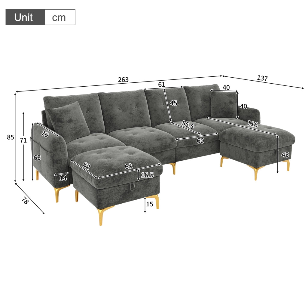 Divano modulare grigio in ciniglia con 2 pouf contenitore