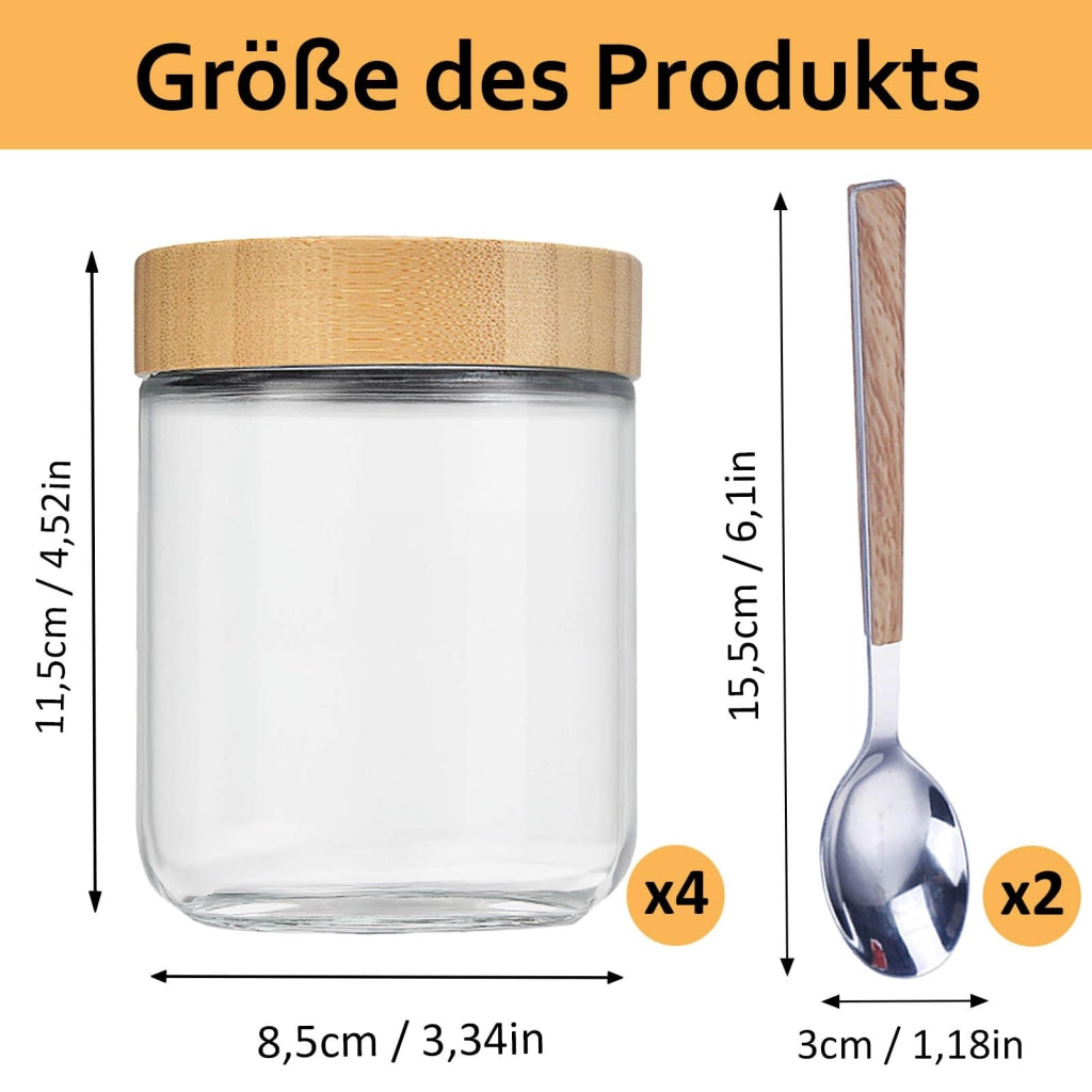 Set di 4 contenitori da 500 ml con coperchi in bambù e cucchiaini
