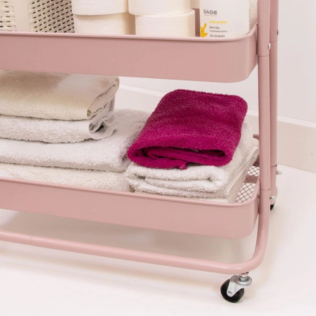 Carrello metallico, con 3 ripiani, dimensioni 71,2 x 61 x 29 cm, dotato di ruote con freno, colore rosa