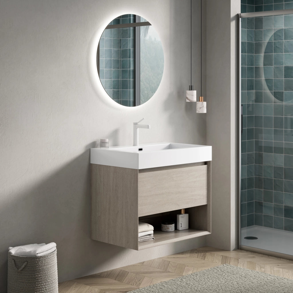 Mobile bagno con lavabo integrato in resina cassetto e ripiano aperto rovere chiaro bianco premontato