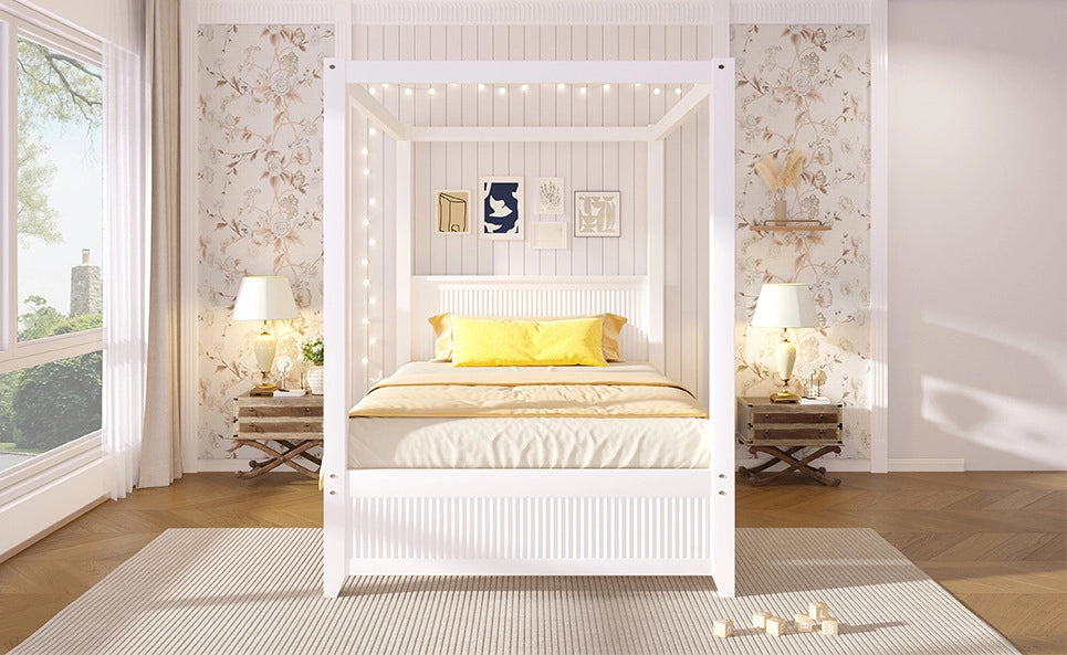 Letto a baldacchino in legno 90x200 cm bianco con cornice decorativa e doghe verticali