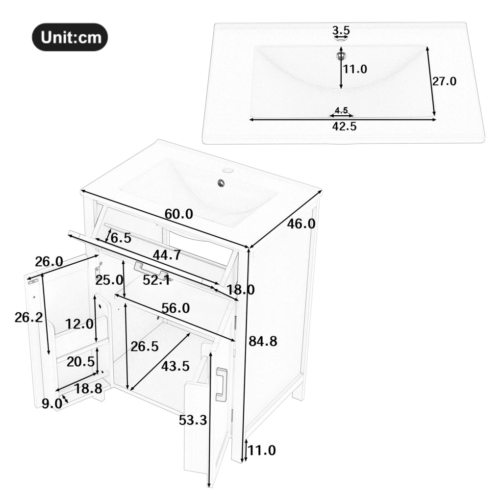 Mobile bagno grigio in MDF con lavabo in ceramica integrato, 60x46x84,8 cm, doppia anta e ripiani regolabili