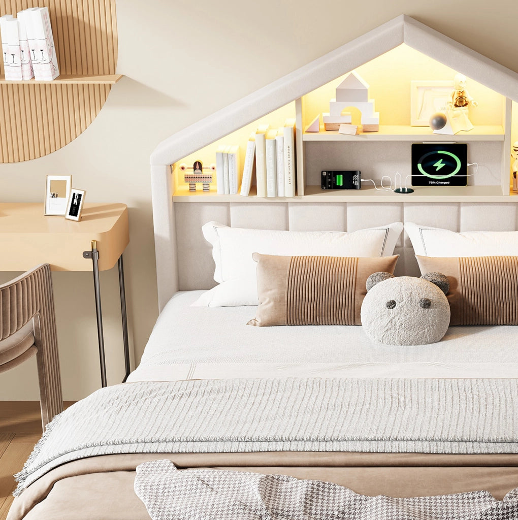 Letto per bambini imbottito beige 140 x 200 cm con scivolo e cassetto