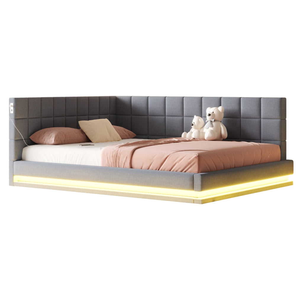 Divano Letto 160x200 in Lino con LED, USB e Rete a Doghe, Grigio