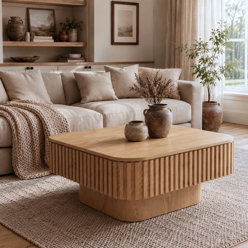 Tavolino da salotto con contenitore e finitura legno naturale