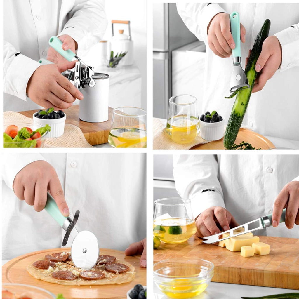 Set di 9 utensili da cucina in acciaio inossidabile, color verde chiaro
