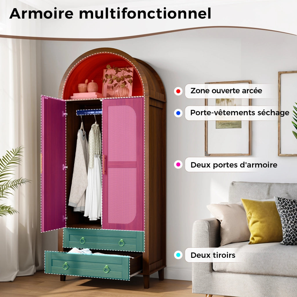 Armadio con nicchia ad arco LED controllata da app ante con decoro rattan e 2 cassetti noce 76 × 50 × 184 cm