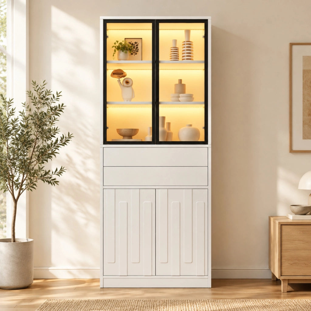 Vetrina alta 70x34x180 cm con LED Bluetooth; 4 ante e 2 cassetti in truciolare bianco