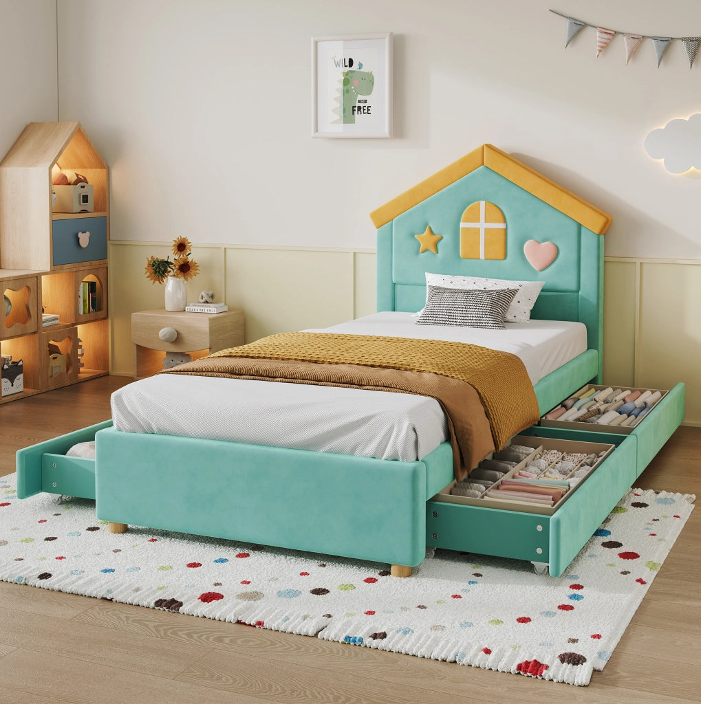 Letto imbottito per bambini 90 x 200 cm blu-verde con 4 cassetti