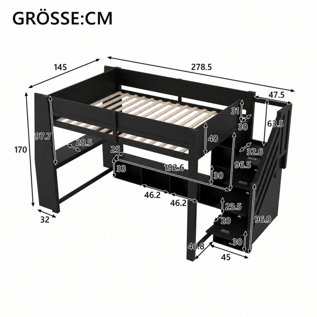 Letto a soppalco 140 × 200 cm con scrivania scale contenitore LED in MDF e compensato nero