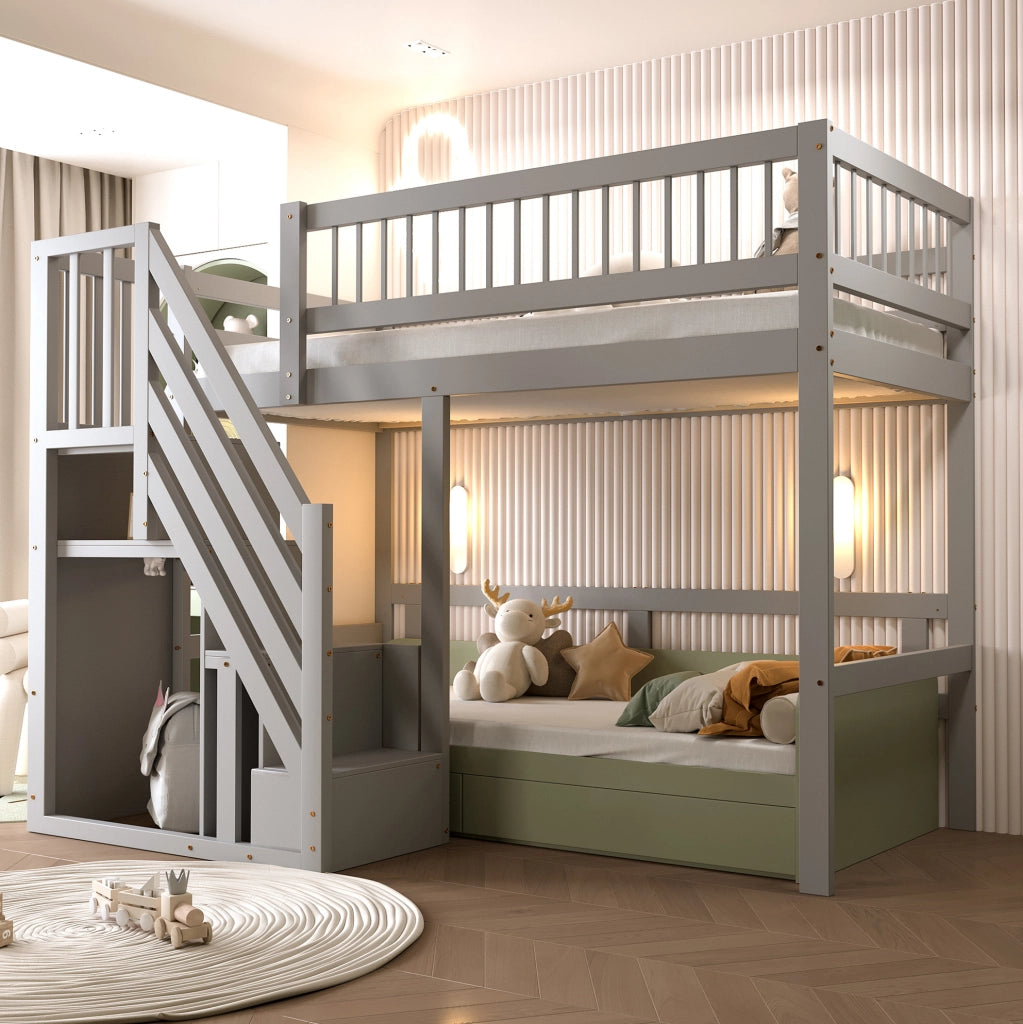 Letti a soppalco per bambini 90x200 cm con scala, armadio e rete a doghe in pino bianco e grigio, senza materasso