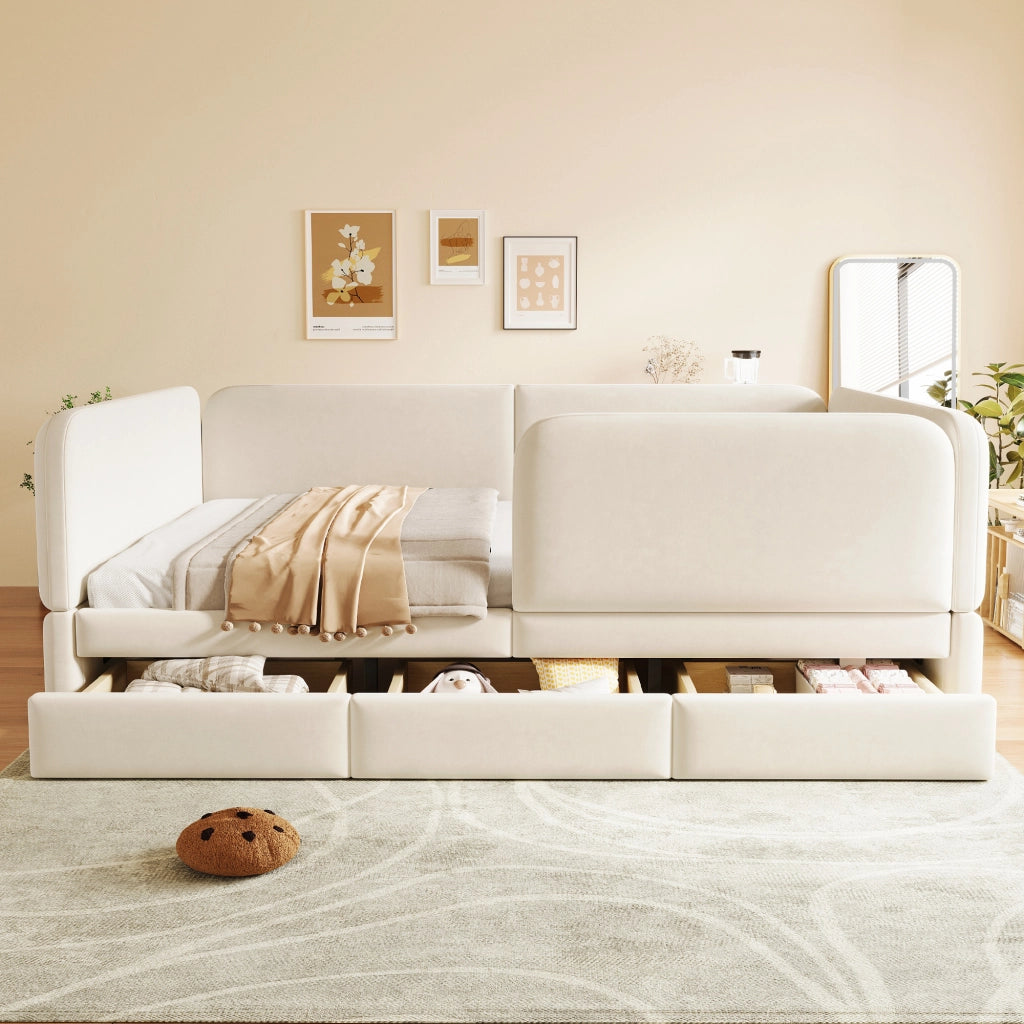 Letto per bambini imbottito 140 × 200 cm in velluto beige con bordi arrotondati e tre cassetti