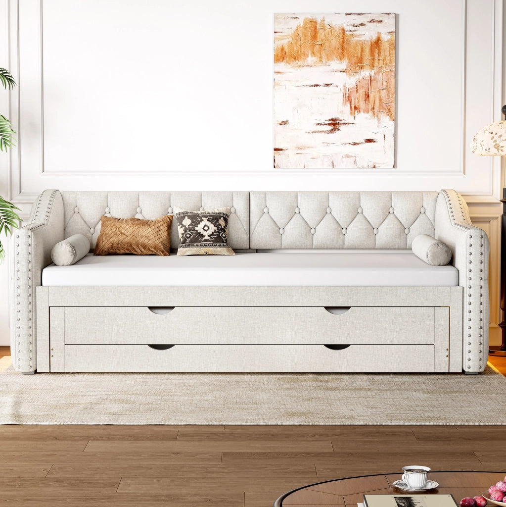 Letto singolo 90x200 cm con letto estraibile; 3 cassetti e luci LED; beige