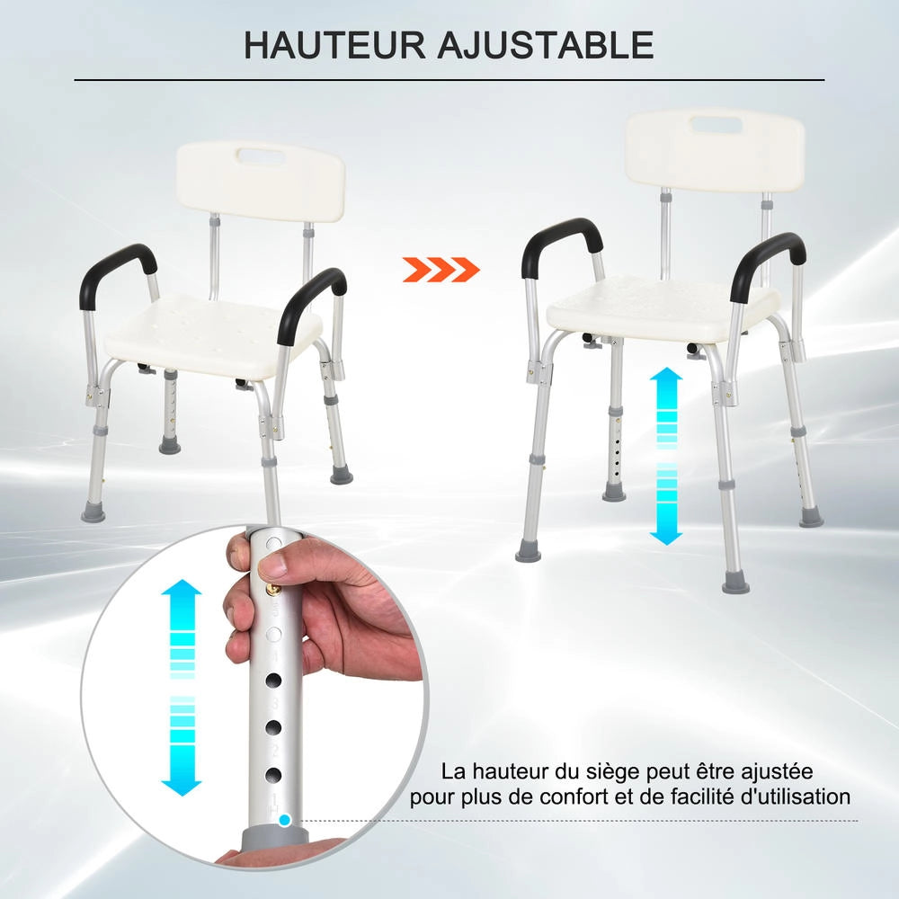 Sedia da Doccia Ergonomica Sedile da Bagno Regolabile con Braccioli e Schienale Rimovibili Piedini Antiscivolo Alluminio e HDPE Bianco Portata 136 kg
