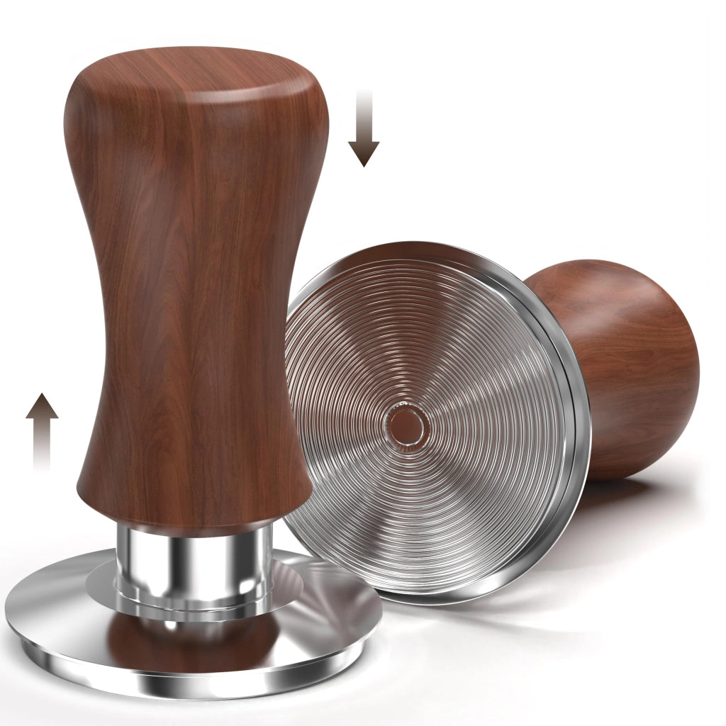 Tamper da 58,5 mm, calibrato a 13,6 kg, realizzato in acciaio inossidabile 304, con manico in legno