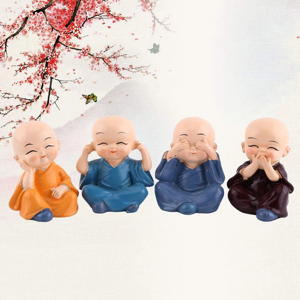 Set di 4 figure in resina raffiguranti Buddha e monaci, alte 6 cm, simbolo di fortuna e prosperità
