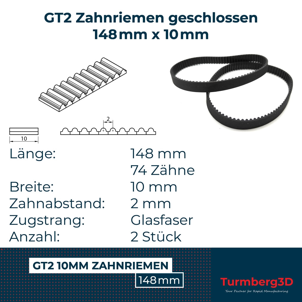 Cinghia GT2, larghezza 10 mm, lunghezza 148 mm, confezione da 2 pezzi, realizzata in fibra di vetro