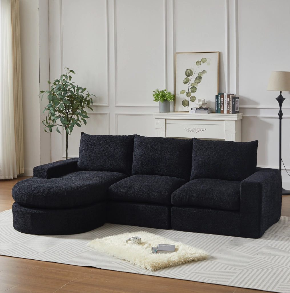 Divano modulare in ciniglia nero con chaise longue reversibile