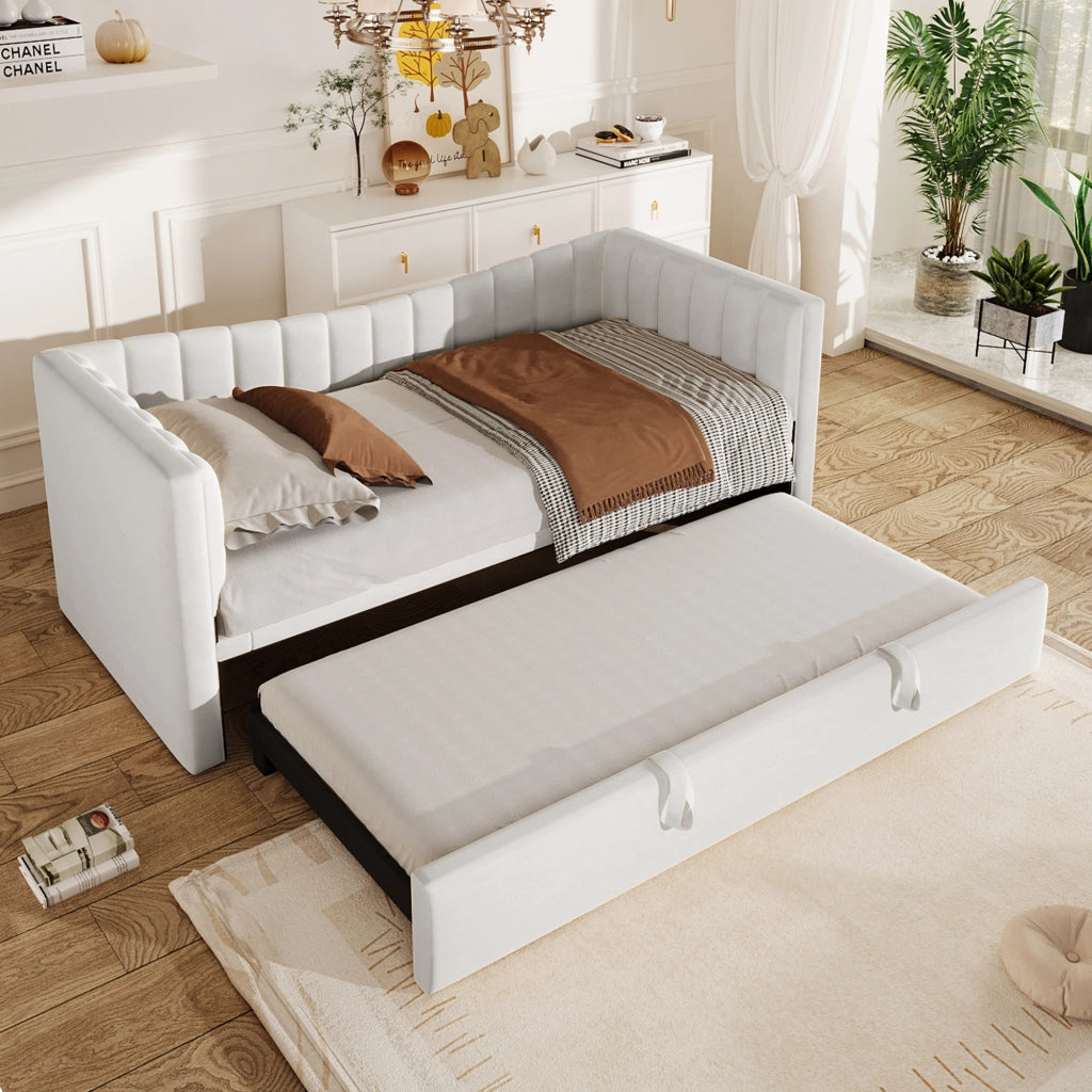 Letto singolo imbottito con letto estraibile regolabile in velluto bianco senza materasso