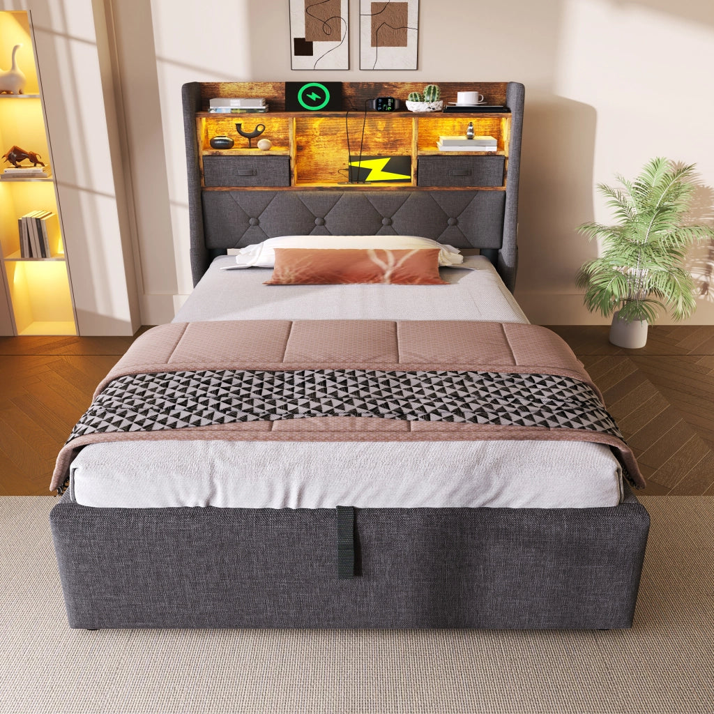 Letto singolo contenitore 90 × 200 cm in lino grigio con testiera LED e ricarica USB Type C