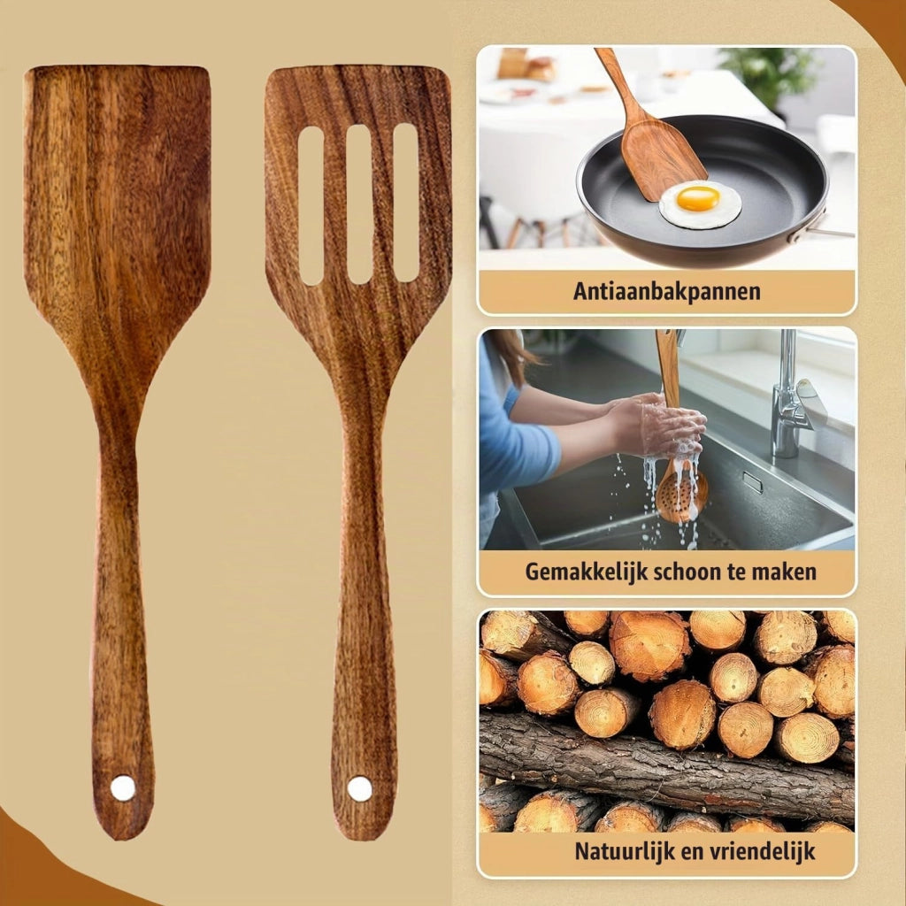 Set di 2 spatole in legno di teak, realizzate a mano, resistenti ai graffi e al calore