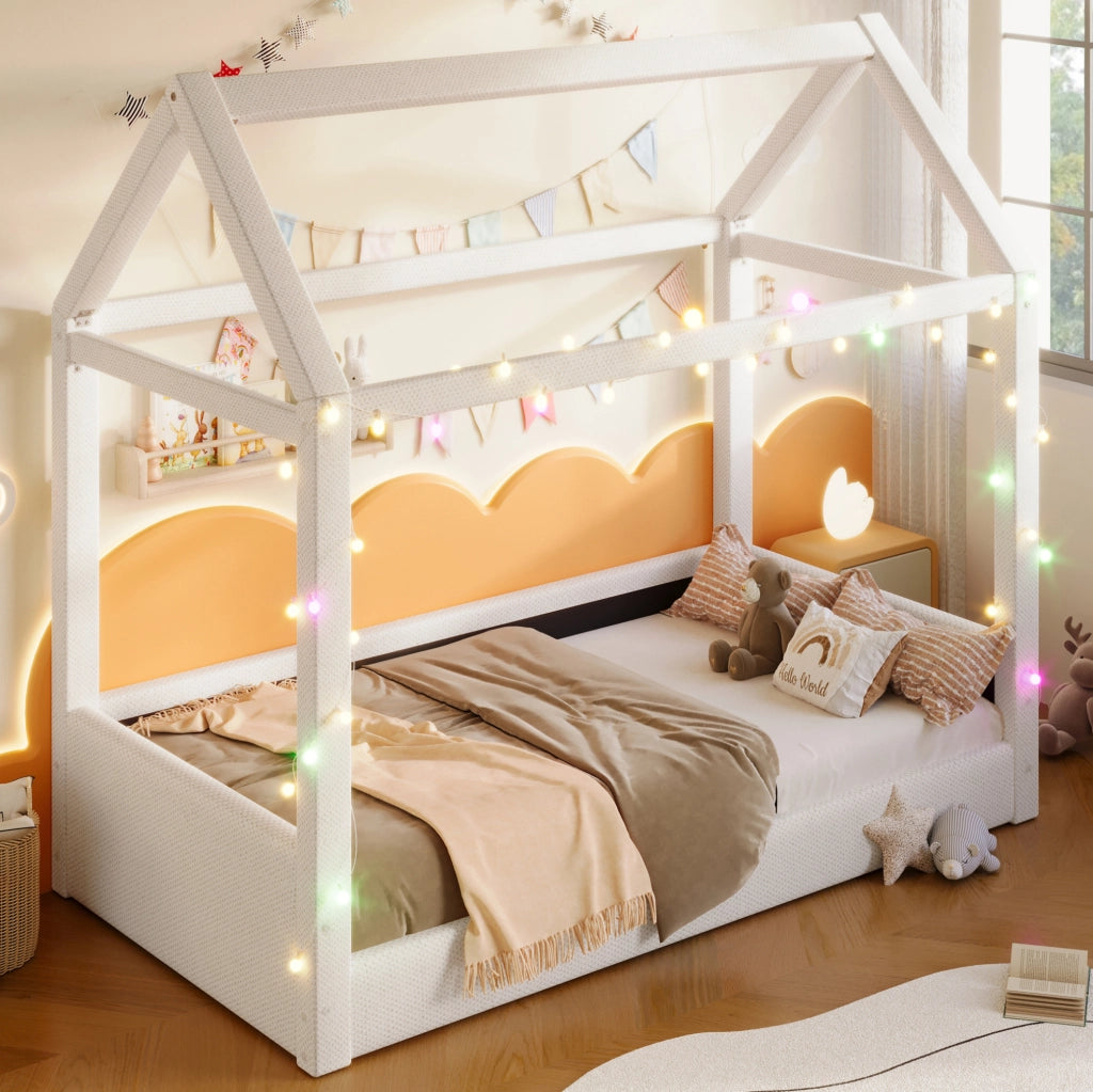 Letto a casetta imbottito con LED, 90x200 cm, beige