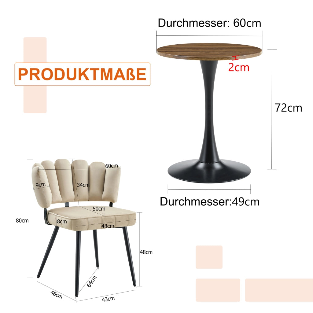 Set tavolo da pranzo rotondo con 2 sedie in velluto MDF e metallo nero piano resistente e base centrale
