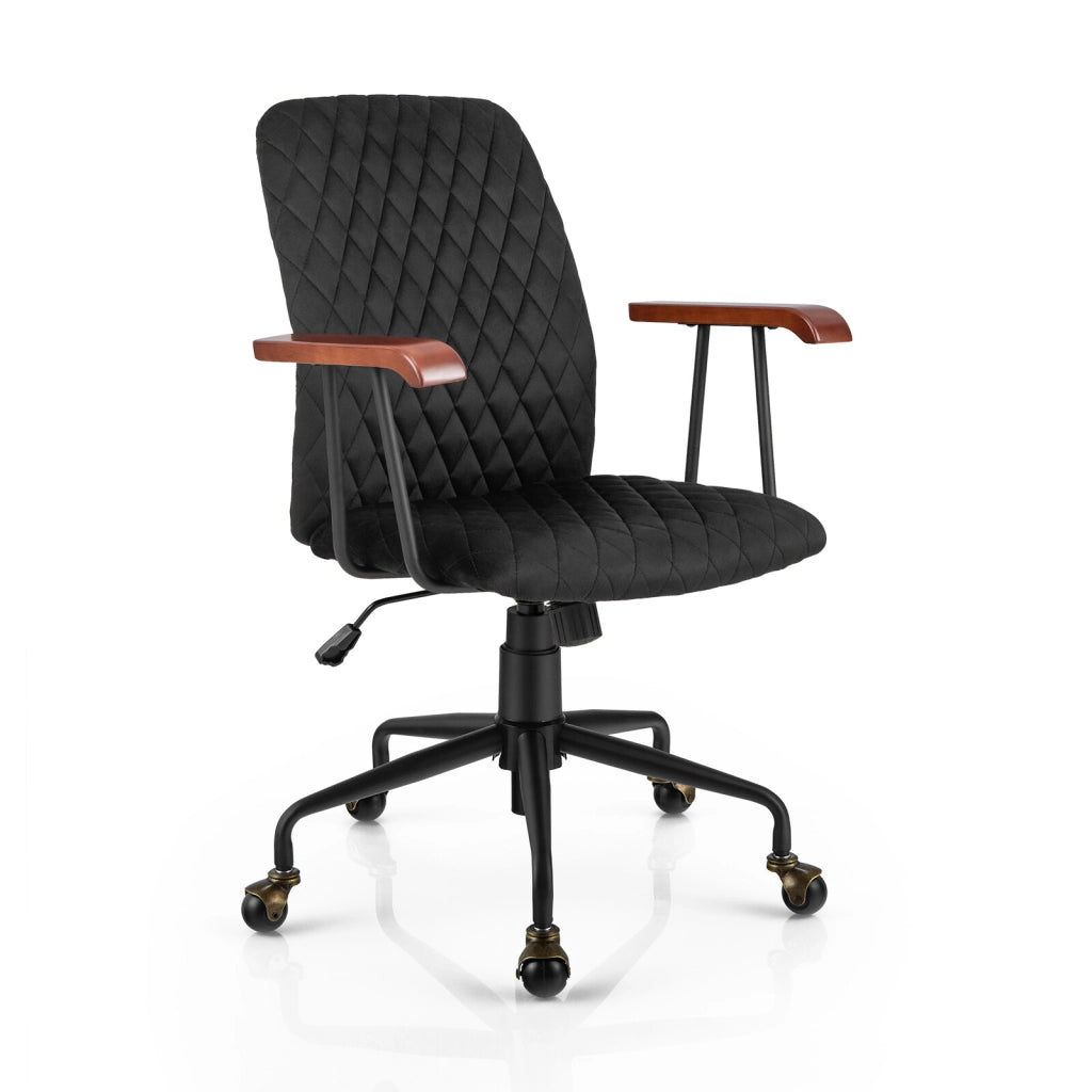 Sedia da Scrivania Ergonomica in Velluto Nero con Braccioli in Legno e Ruote Sedia da Ufficio Girevole Regolabile per Casa e Studio