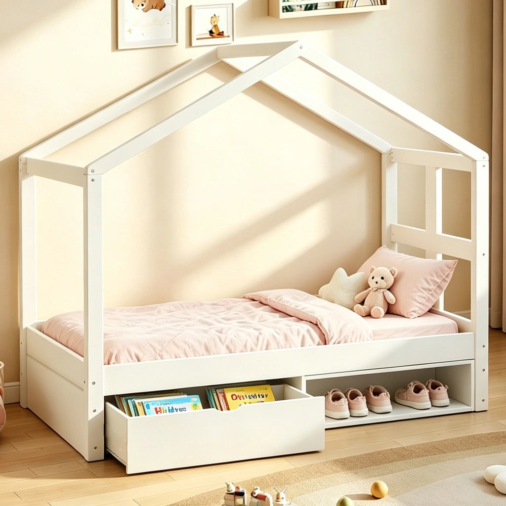 Letto singolo a casetta 90 × 190 cm con cassetti scarpiera LED multicolore in legno bianco con rete a doghe