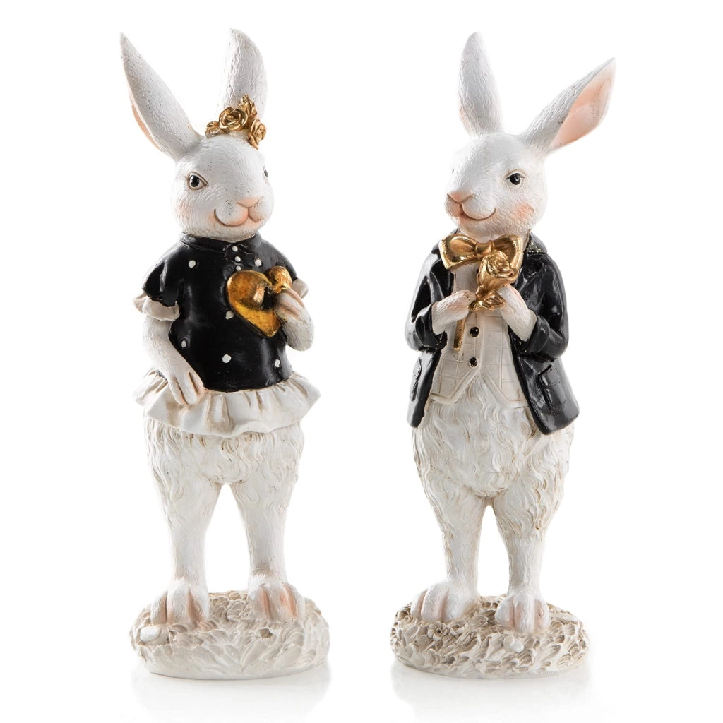 2 coniglietti in bianco, nero e oro, coppia, 22 cm, decorazione pasquale