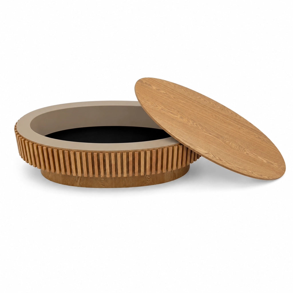 Tavolino da caffè ovale con vano contenitore in legno naturale 98x60x35 cm