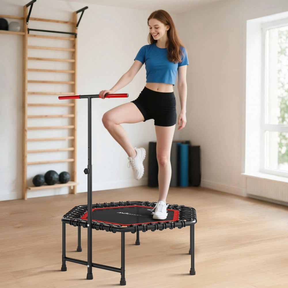 Trampolino fitness 114 cm con maniglia regolabile a 3 altezze e corde elastiche, trampolino elastico silenzioso da interno, rosso
