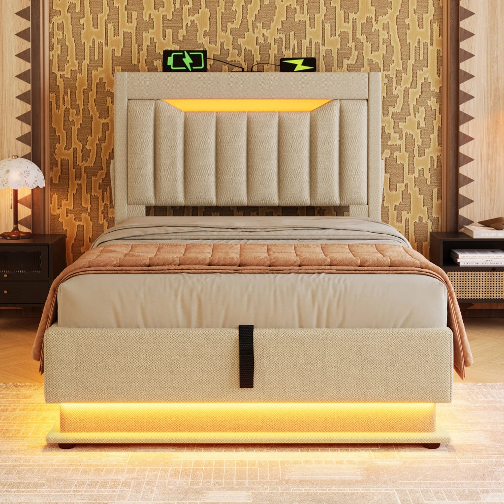 Letto singolo imbottito 90 × 200 cm in lino beige con vano contenitore LED USB Type C e testiera con ripiano