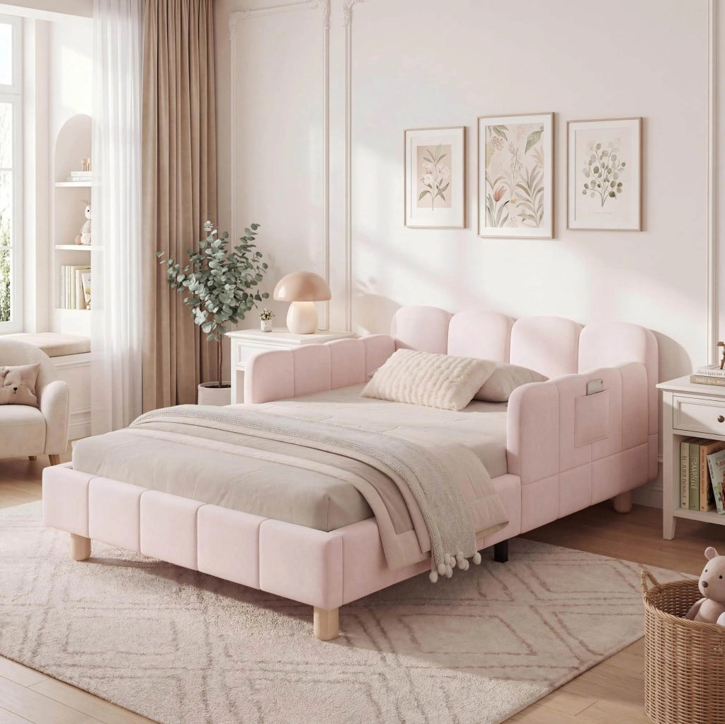 Letto in velluto rosa con testiera inclinata e gambe in legno di gomma