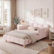 Letto in velluto rosa con testiera inclinata e gambe in legno di gomma