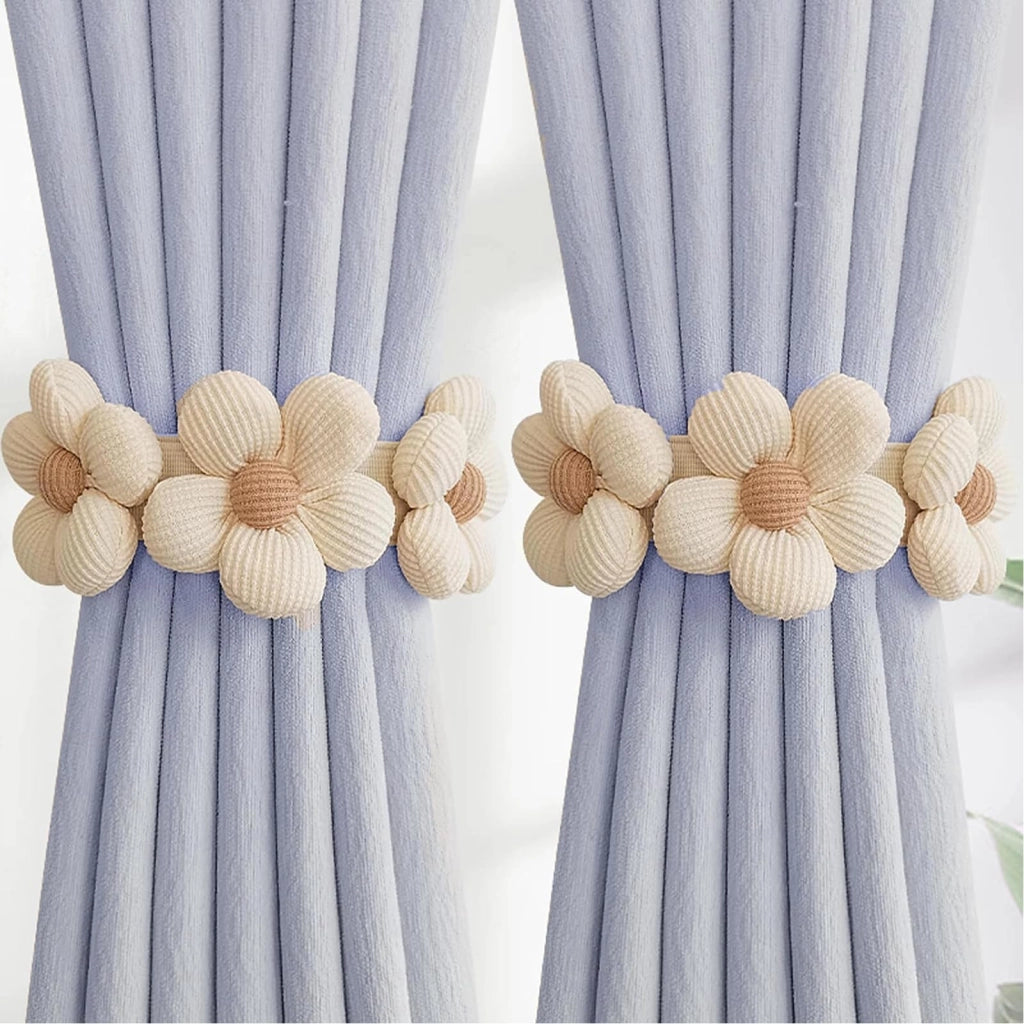 Supporti per tende a forma di fiore, confezione da 4, realizzati in cotone e lino, color beige