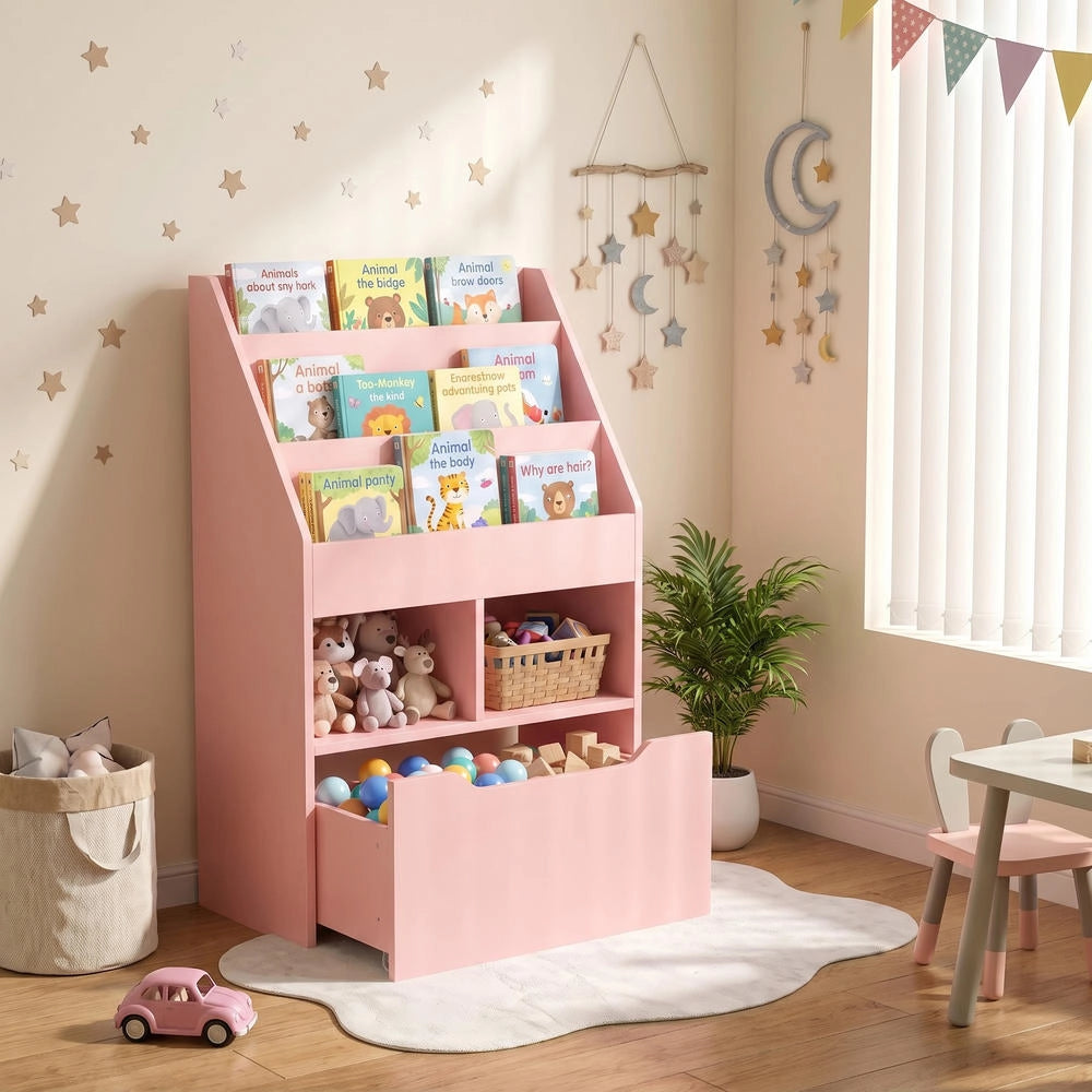 Piccola libreria per bambini in MDF, colore rosa, 60x29.9x90cm con ripiani, cassetto, design salvaspazio per cameretta