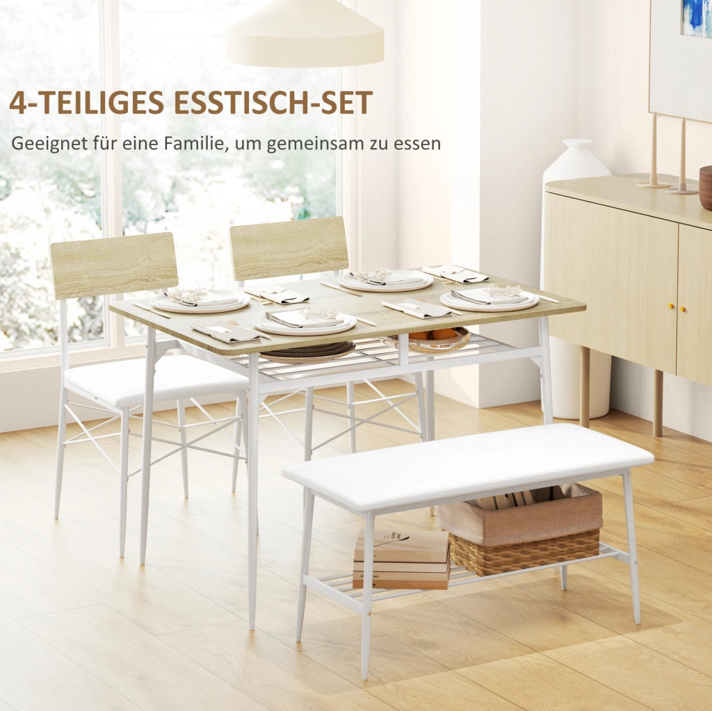 Set da pranzo 4 pezzi con tavolo 110x70 cm, 2 sedie e panca, struttura in acciaio e MDF, rivestimento in ecopelle color rovere