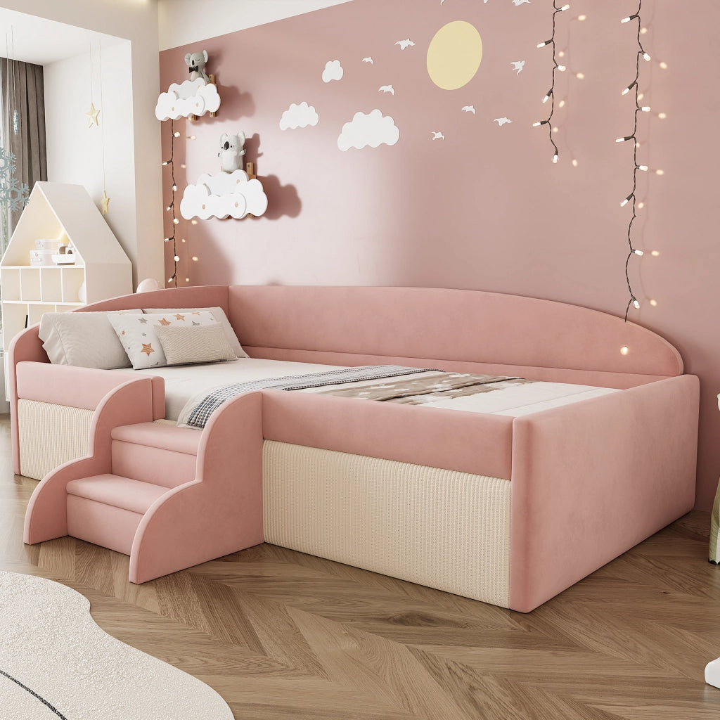 Letto per bambini imbottito 90 × 190 cm con rete a doghe in velluto rosa e bianco con scale e sponde laterali