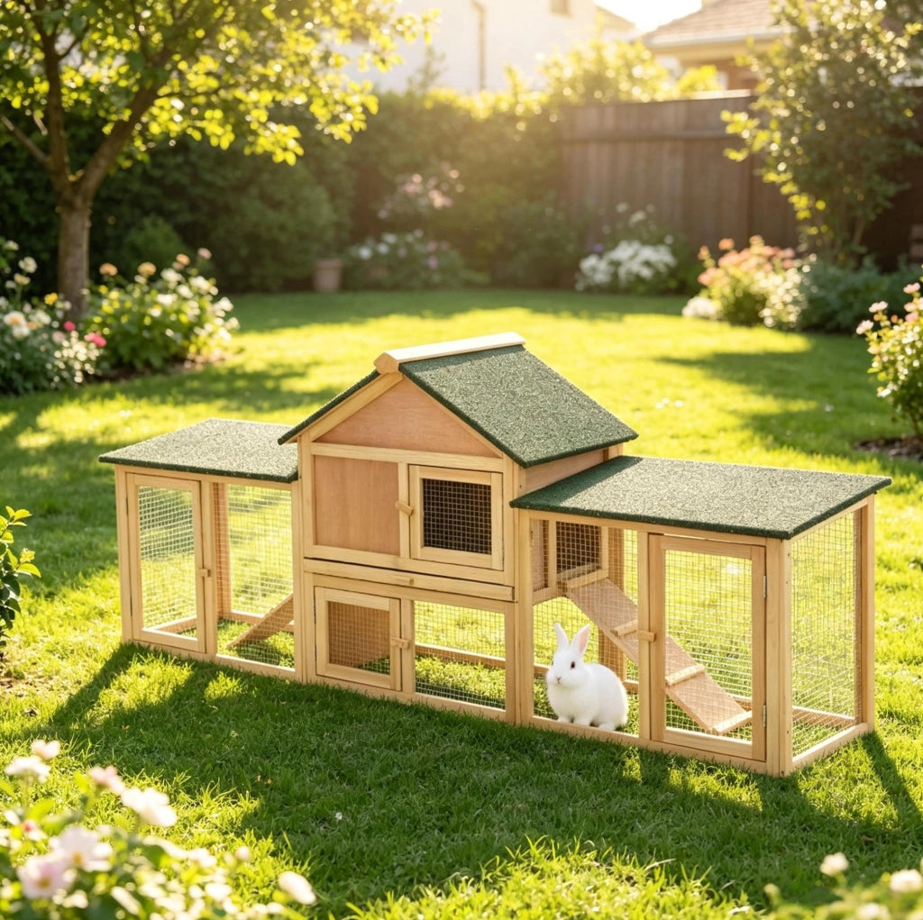 Conigliera da esterno per conigli 210 x 45,5 x 84,5 cm in legno verde, con rampa