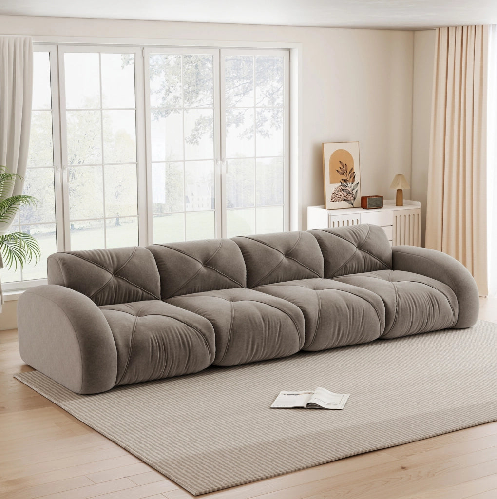 Divano modulare 4 posti con configurazione flessibile e rivestimento in tessuto chenille taupe per soggiorno, moderno