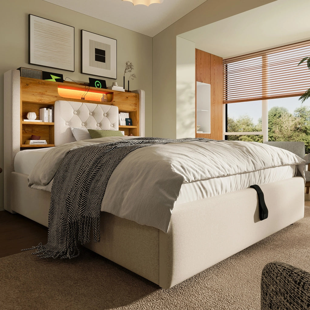 Letto singolo 90 × 200 cm con contenitore idraulico LED USB Type C in lino beige con testiera a ripiani