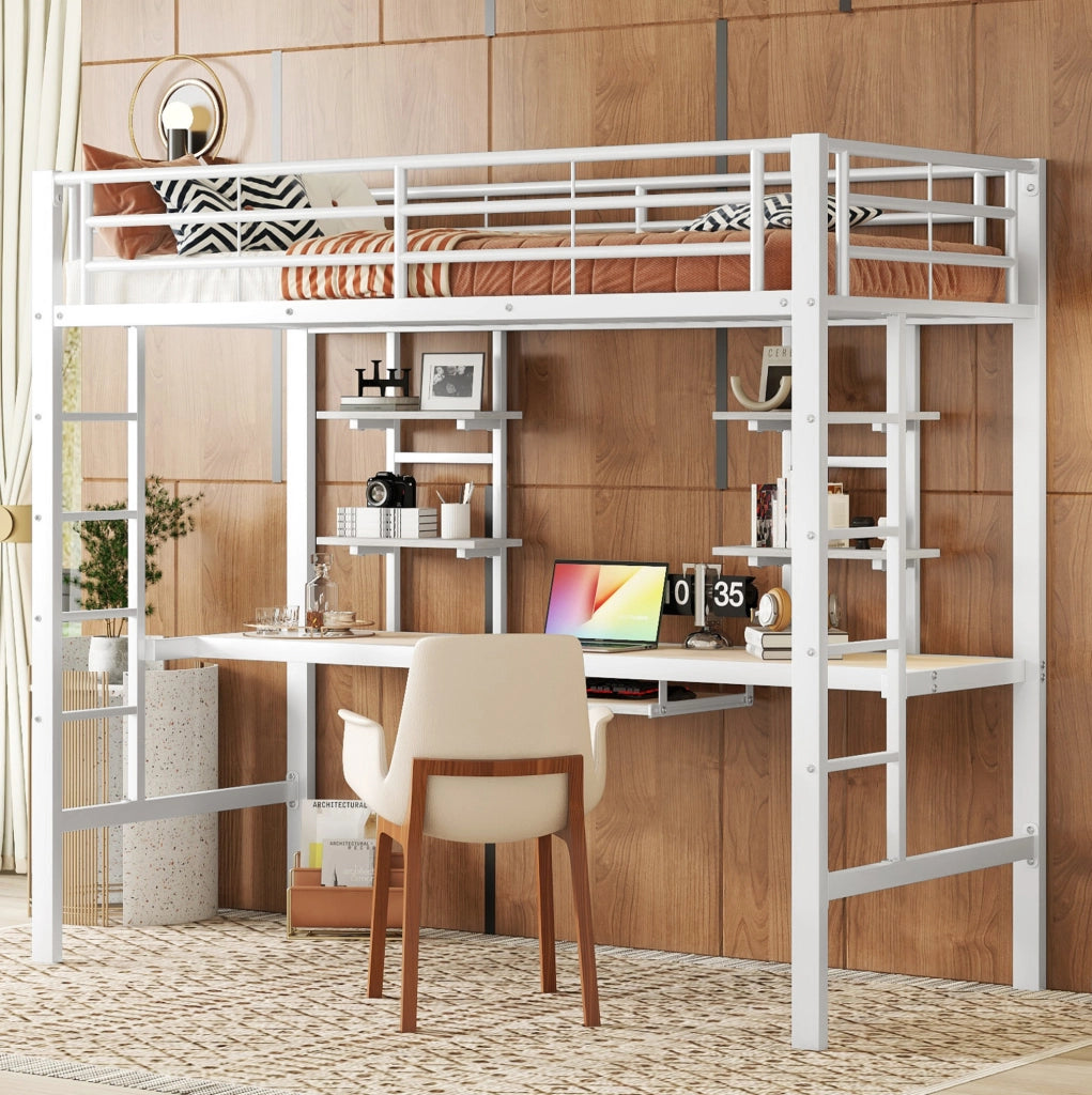 Letto a soppalco in metallo bianco 90x200 cm con scrivania e scaffali integrati