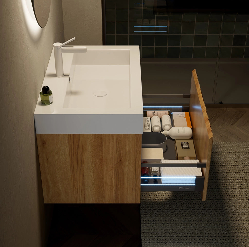 Mobile bagno sospeso 70 cm con lavabo integrato in resina bianca e corpo in compensato effetto quercia naturale