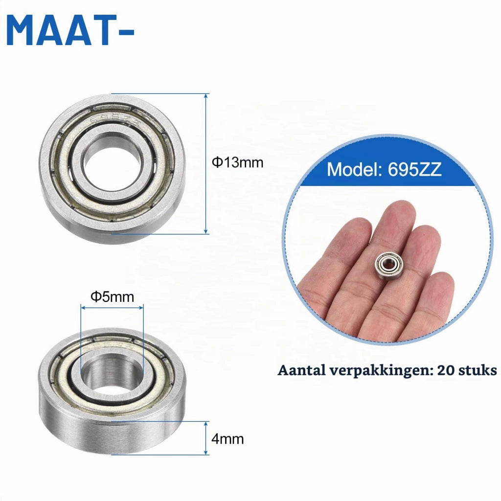 20 cuscinetti a sfera 695ZZ, dimensioni 5x13x4 mm, Acciaio al carbonio, schermatura doppia