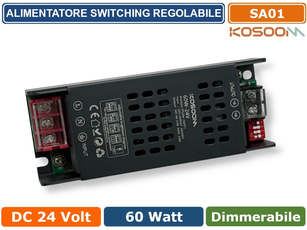 KOSOOM SA01 ALIMENTATORE TRASFORMATORE SLIM METALLICO STABILIZZATO SWITCHING DIMMERABILE 220V-24V 2.5A 60 WATT COLORE NERO IP20